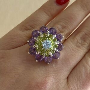 Amethyst Peridot & Blue Topaz Sterling Silver Flower Ring - Size 8